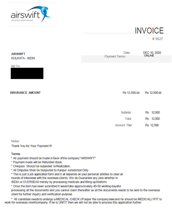 Recruitment scam - fake invoice