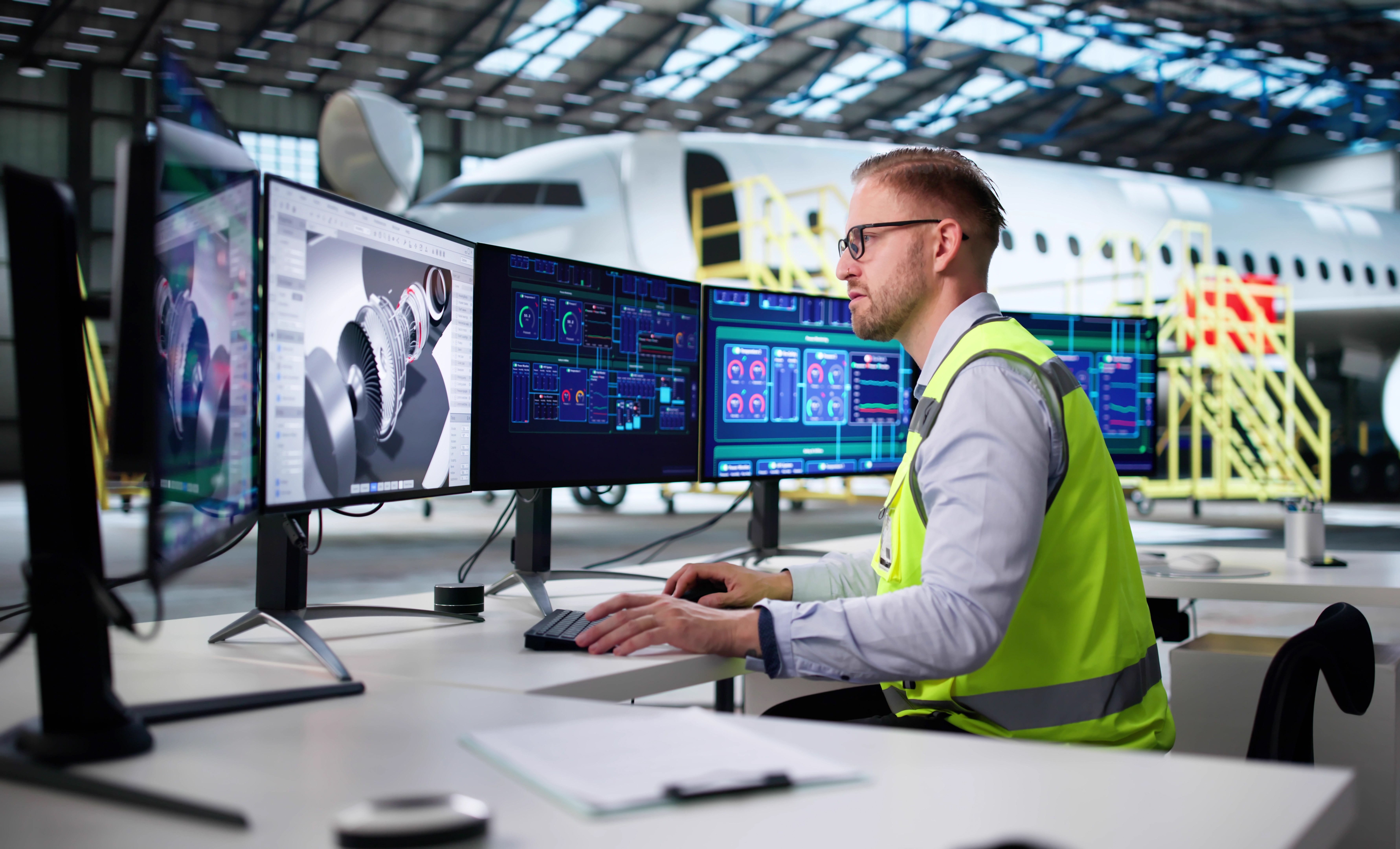 Male engineer in hi-vis sat in front of multiple computer screens with 3D model of plane part on the screen