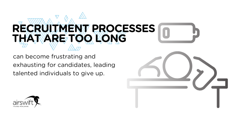 An image saying: recruitment processes that are too long can become frustrating and exhausting for candidates, leading talented individuals to give up.