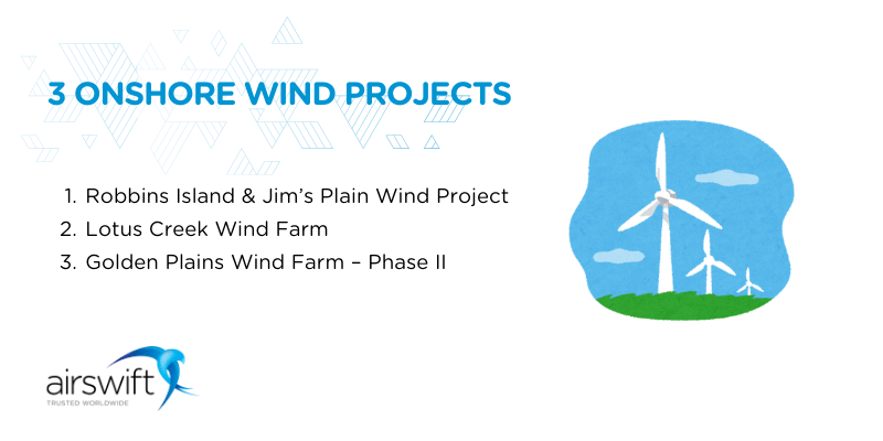 Graphic highlighting three onshore wind projects in Australia, featuring key developments supporting renewable energy generation through large-scale wind power.