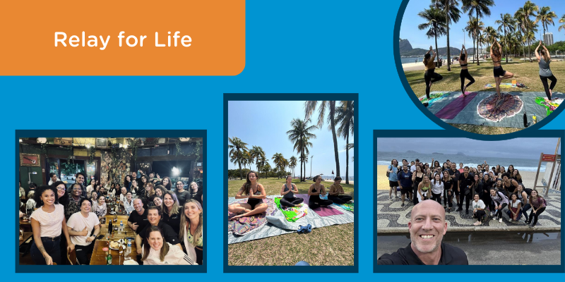 Collage of Airswift employees participating in Relay for Life activities, including group gatherings and yoga sessions near the beach.