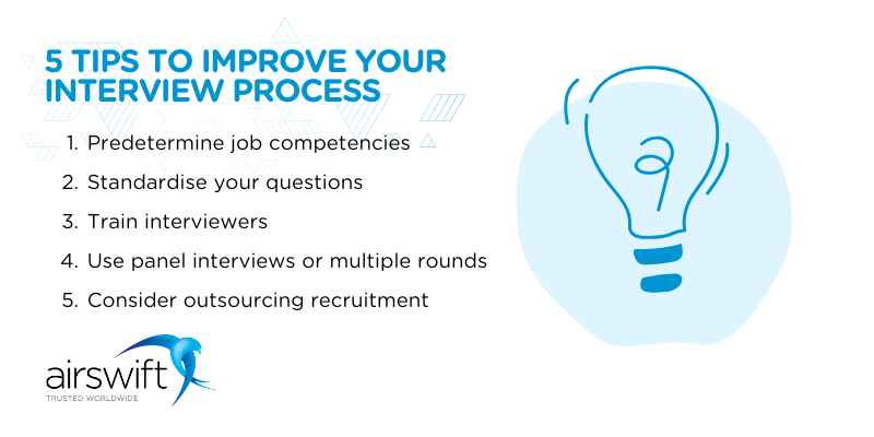 Tips to improve your interview process include predetermine job competencies and standardised questions.