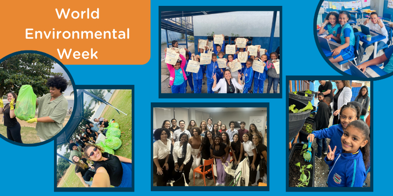 Collage showcasing Airswift's World Environmental Week initiatives, including litter clean-ups, community gardening, and workshops with local children.