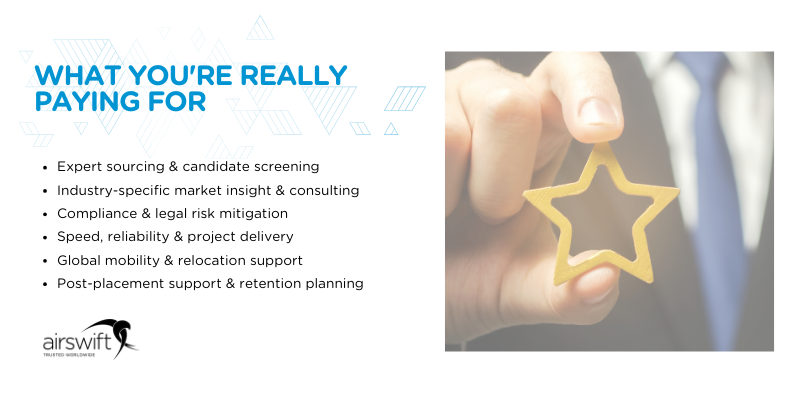 List of recruitment services provided by premium firms, including sourcing, compliance, and relocation support.