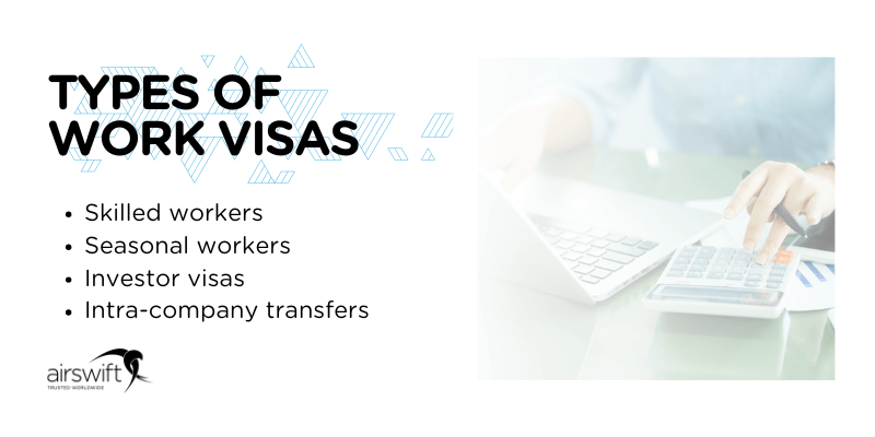 Types of work visas for skilled, seasonal, and intra-company transfers.